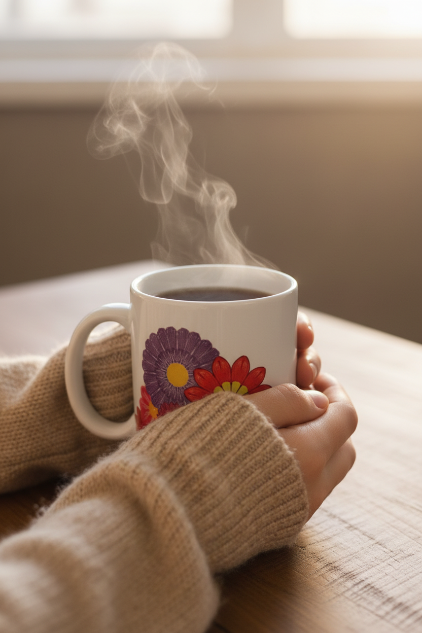 Person Holding Bright Floral Mug