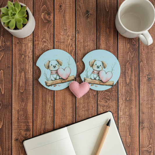 Puppy - 1 Heart Coasters on Wood with Decor Overhead