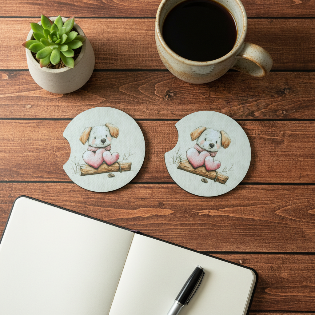 Puppy - 2 hearts Coasters on Wood with Decor Overhead