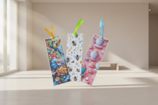 Three colorful bookmarks on a wooden surface